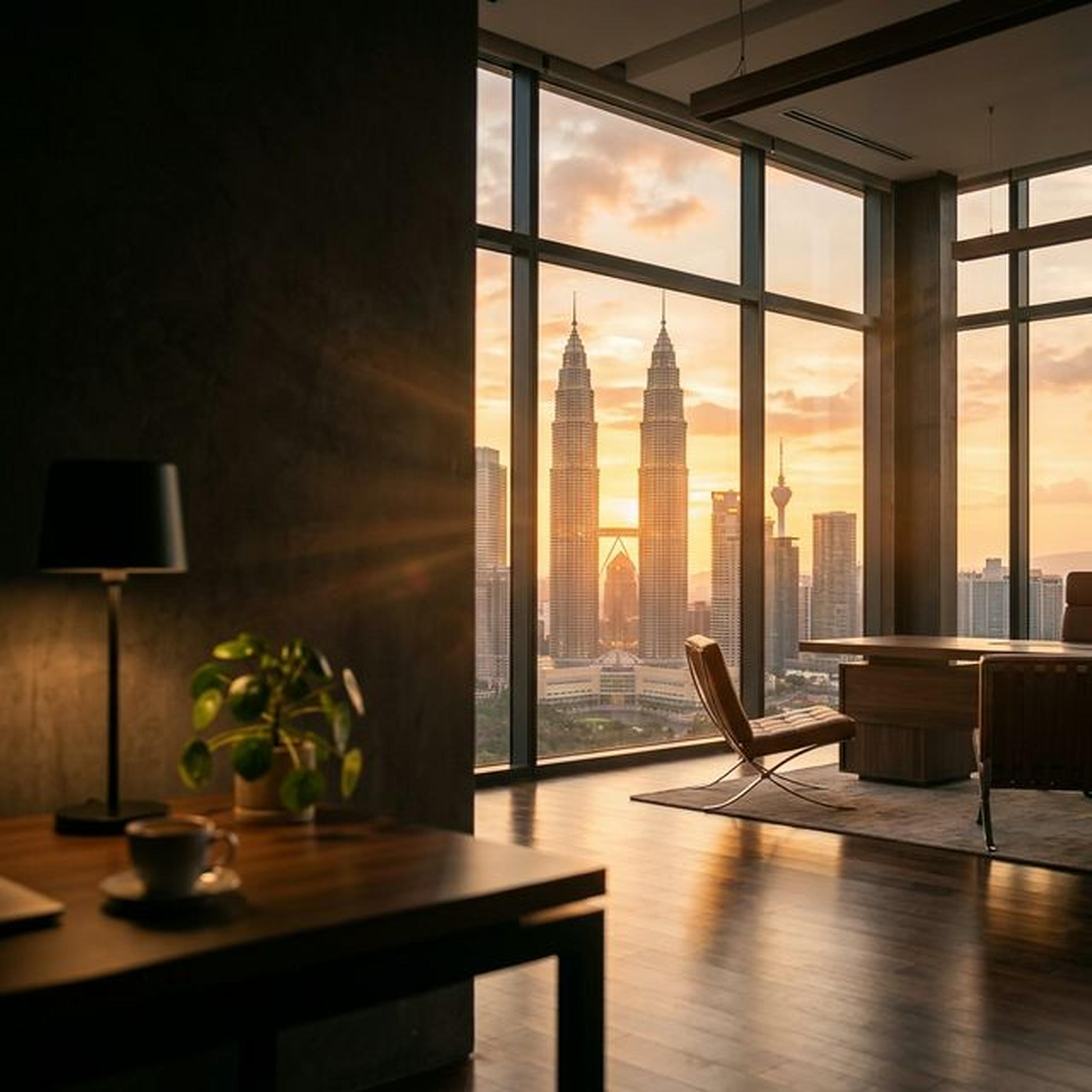 Modern office at golden hour with Kuala Lumpur skyline through glass windows